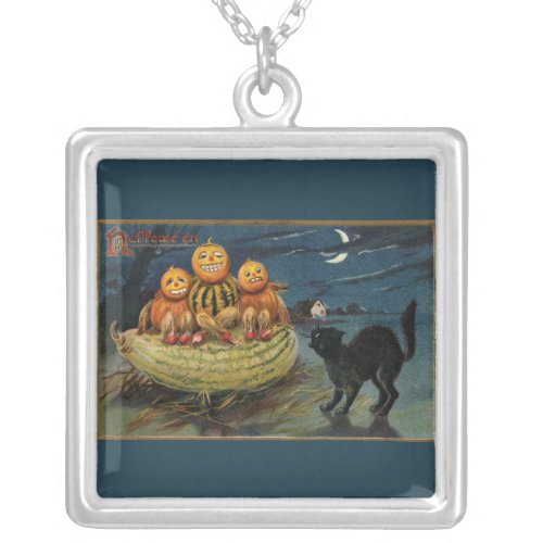 Vintage Halloween Party Black Cat Silver Plated Necklace