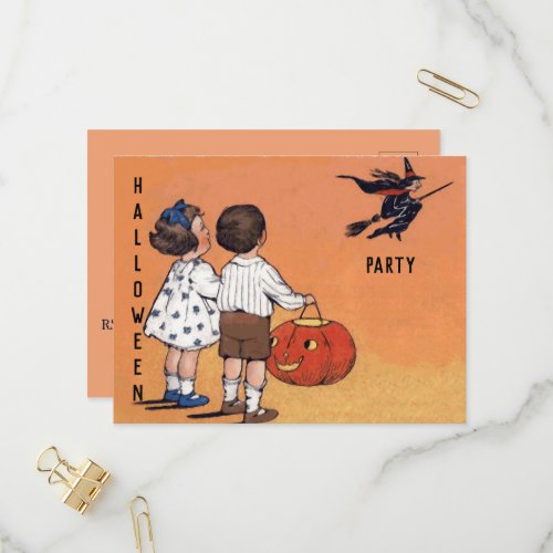Vintage Halloween Party Children Witch Pumpkin Invitation Postcard