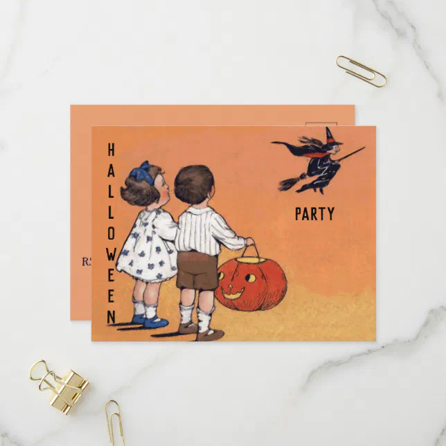 Vintage Halloween Party Children Witch Pumpkin Invitation Postcard | Zazzle