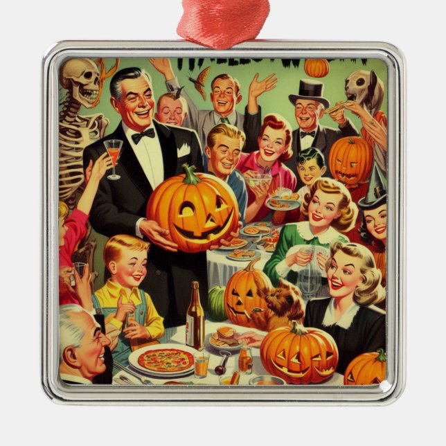 Vintage Halloween Party Illustration Metal Ornament (Front)