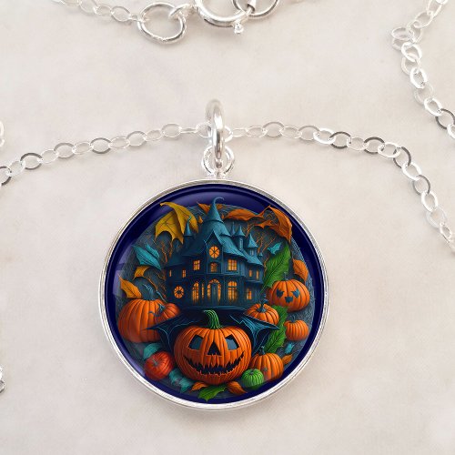 Vintage Halloween Party Pumpkins Bats House Silver Plated Necklace