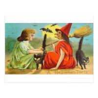 Vintage Halloween Party With Witch and Cats Postcard