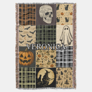 Vintage Halloween Patchwork Fall Custom Name Woven Throw Blanket