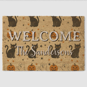 Vintage Halloween Pattern Family Name Welcome Fiber Doormat
