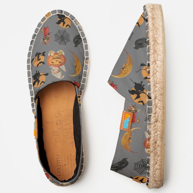 Vintage Halloween Pattern on Gray Canvas Espadrilles (Side)