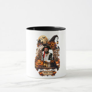 Vintage Halloween Personalized Photo Name Black Ca Mug