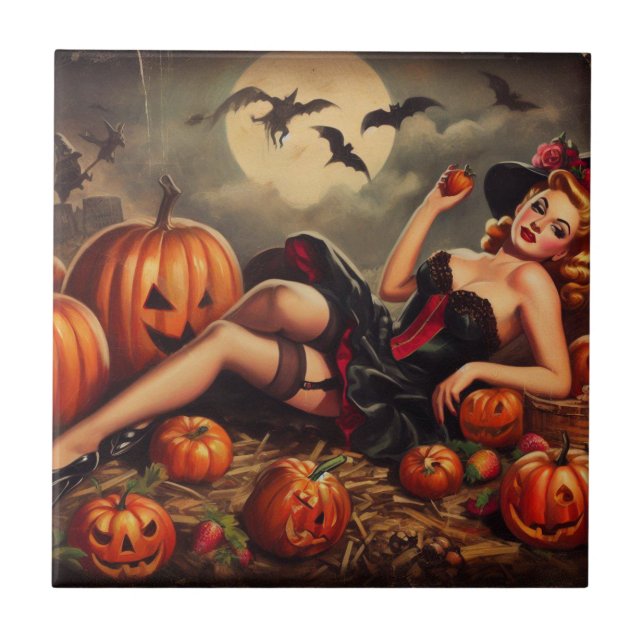 Vintage Halloween Pin Up Ceramic Tile (Front)