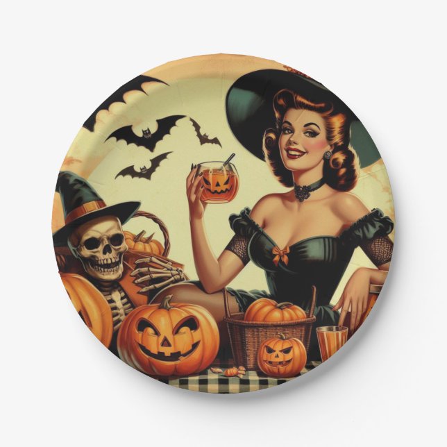 Vintage Halloween Pin-Up Paper Plates (Front)