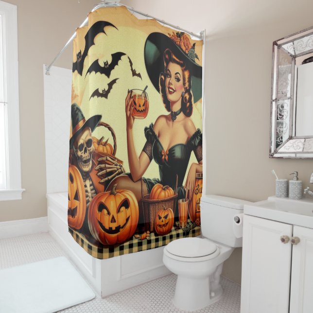 Vintage Halloween Pin-Up Shower Curtain (In Situ)