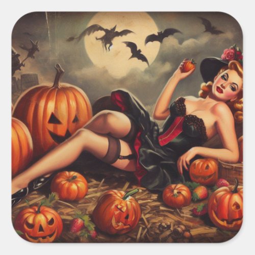 Vintage Halloween Pin Up Square Sticker