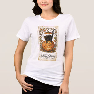 Vintage Halloween Postcard Cat Jack O Lantern Tri-Blend Shirt