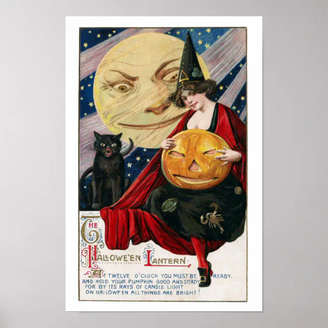 Vintage Halloween Pretty Witch and Jack O'Lantern Poster | Zazzle