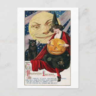 Vintage Halloween Pretty Witch and Man in the Moon Postcard