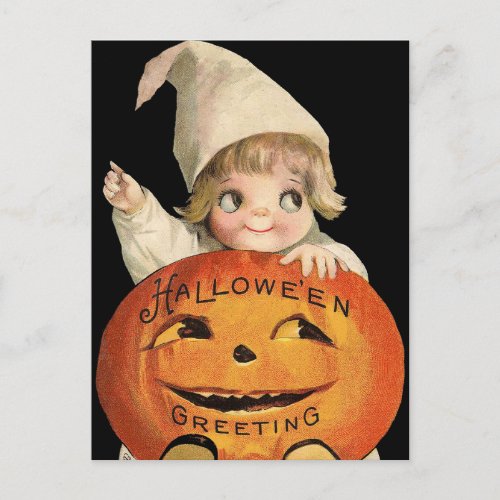 Vintage Halloween Pumpkin and kid postcard