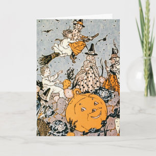 Vintage Halloween Pumpkin and Witches Card