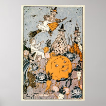 Vintage Halloween Pumpkin and Witches with brooms