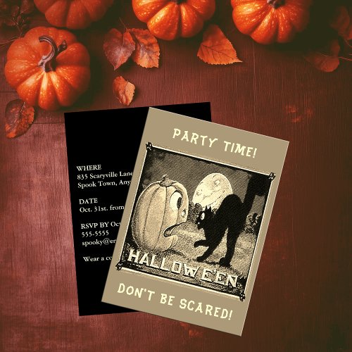 Vintage Halloween Pumpkin Black Cat Party Sepia In Invitation