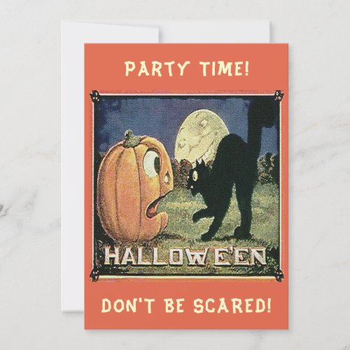 Vintage Halloween Pumpkin Black Cat Party Time Invitation