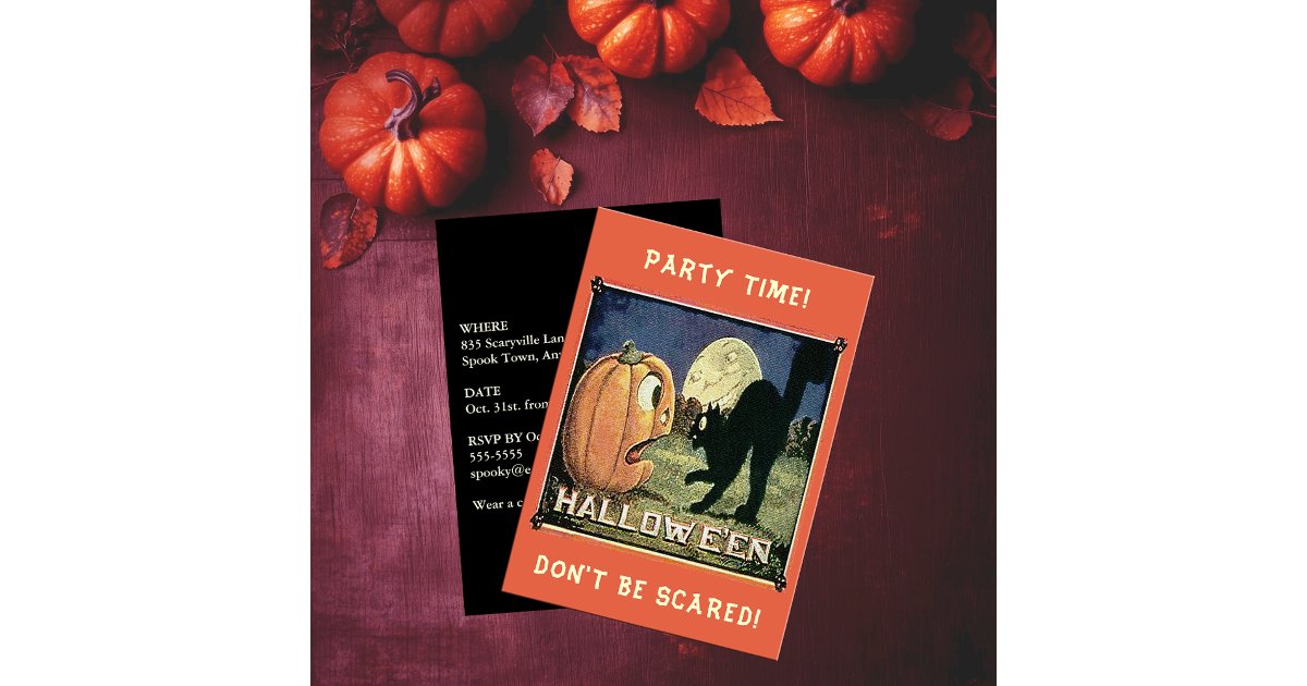 Vintage Halloween Pumpkin Black Cat Party Time Invitation | Zazzle