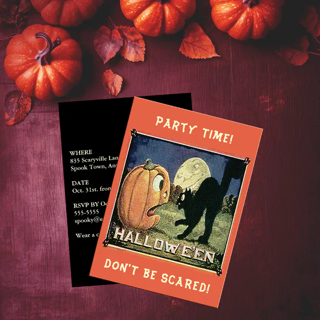 Vintage Halloween Pumpkin Black Cat Party Time Invitation | Zazzle