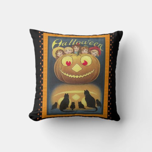 Vintage Halloween Pumpkin Black Cats Throw Pillow