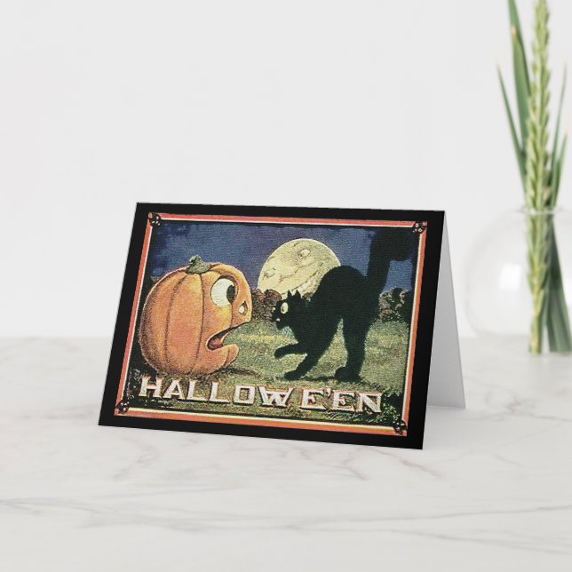 Vintage Halloween Pumpkin  & Cat in Mosaic Card (Front)