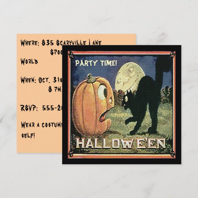 Vintage Halloween Pumpkin  & Cat in Mosaic Invitation (Front/Back)