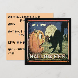 Vintage Halloween Pumpkin  & Cat in Mosaic Invitation