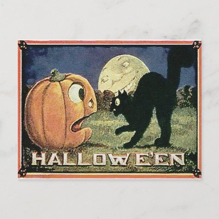 Vintage Halloween Pumpkin  & Cat In Mosaic Postcard