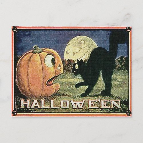 Vintage Halloween Pumpkin   Cat in Mosaic Postcard