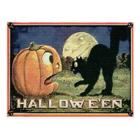 Vintage Halloween Pumpkin & Cat in Mosaic Postcard