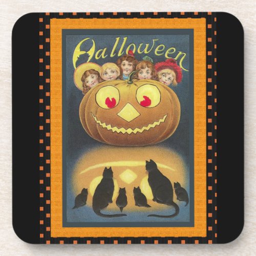 Vintage Halloween Pumpkin Cats Plastic Coasters 6