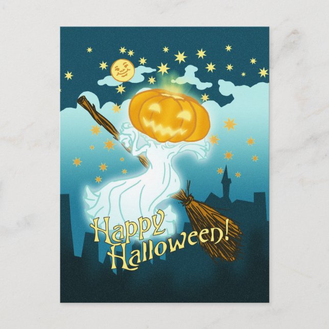 Vintage Halloween Pumpkin Ghost Postcard (Front)