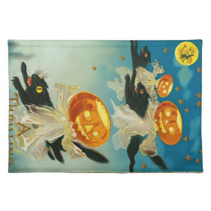 Vintage Halloween Pumpkin Ghosts and Black Cats Cloth Placemat