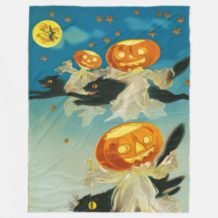 Vintage Halloween Pumpkin Ghosts and Black Cats Fleece Blanket