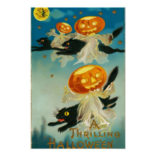 Vintage Halloween Pumpkin Ghosts and Black Cats Poster