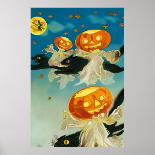 Vintage Halloween Pumpkin Ghosts and Black Cats Poster