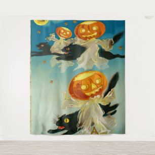 Vintage Halloween Pumpkin Ghosts and Black Cats Tapestry