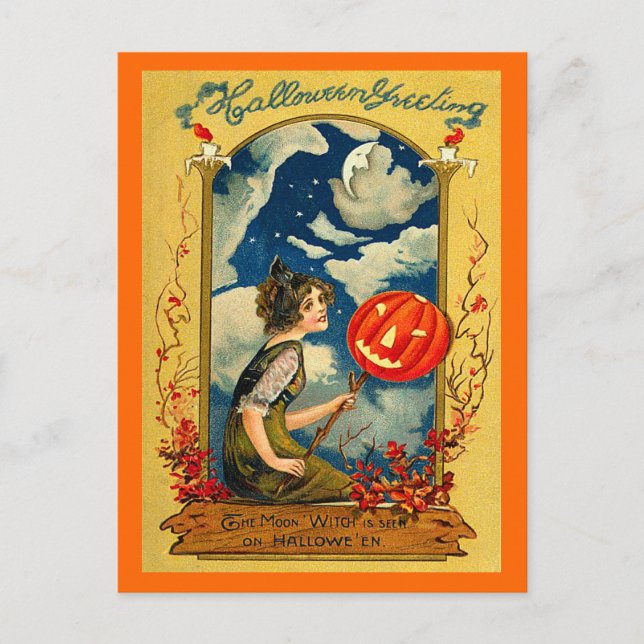 Vintage Halloween, Pumpkin, Girl, Cute Postcard (Front)