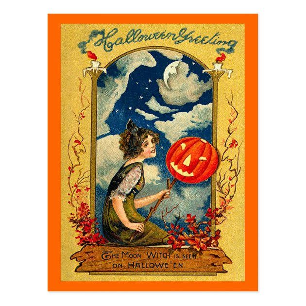 Vintage Halloween, Pumpkin, Girl, Cute Postcard