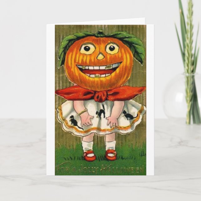 Vintage Halloween Pumpkin Head Girl Card (Front)