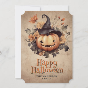Vintage Halloween Pumpkin In A Hat Flowers  Holiday Card