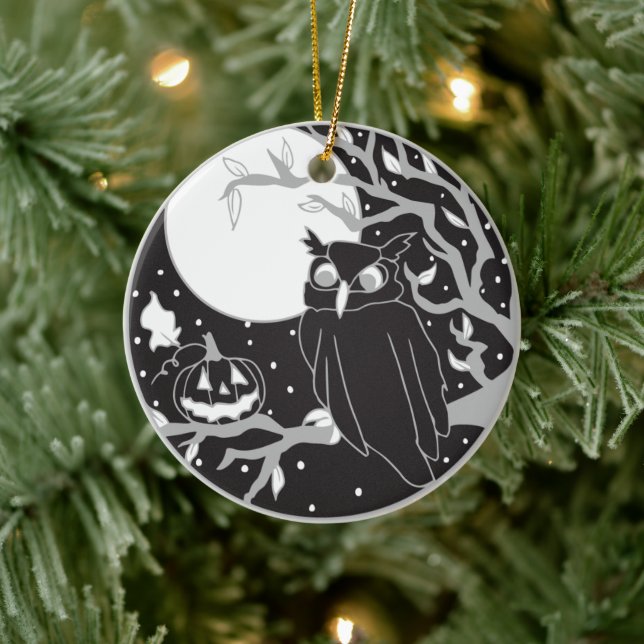 Vintage Halloween Pumpkin & Owl Ceramic Ornament (Tree)