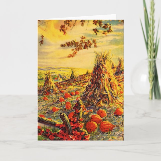 Vintage Halloween Pumpkin Patch with Haystacks Card (Front)