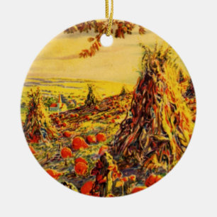 Vintage Halloween Pumpkin Patch with Haystacks Ceramic Ornament