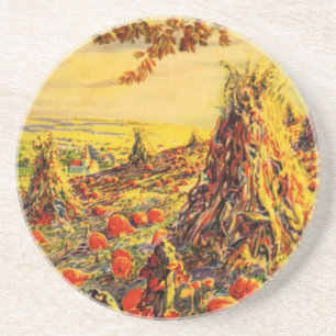 Vintage Halloween Pumpkin Patch with Haystacks Drink Coaster