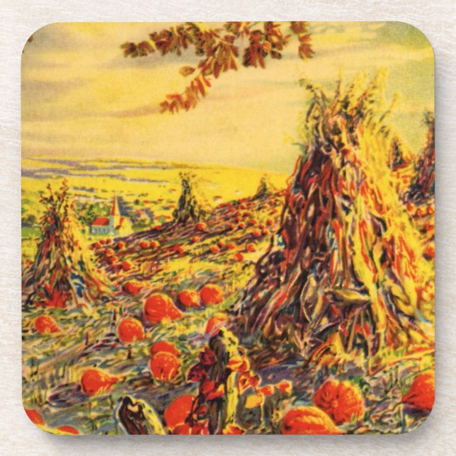 Vintage Halloween Pumpkin Patch with Haystacks Drink Coaster (Front)
