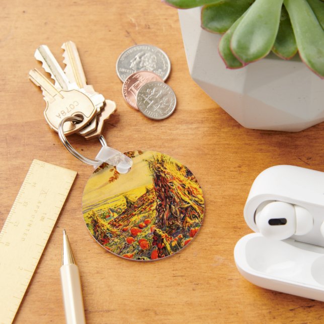 Vintage Halloween Pumpkin Patch with Haystacks Keychain (Desk)