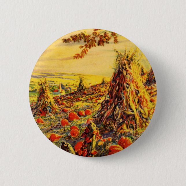 Vintage Halloween Pumpkin Patch with Haystacks Pinback Button (Front)