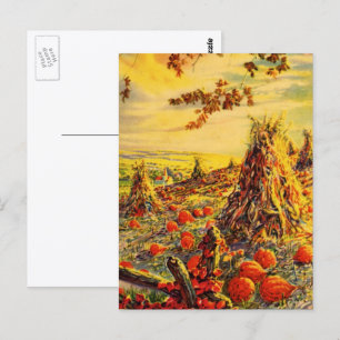 Vintage Halloween Pumpkin Patch with Haystacks Postcard